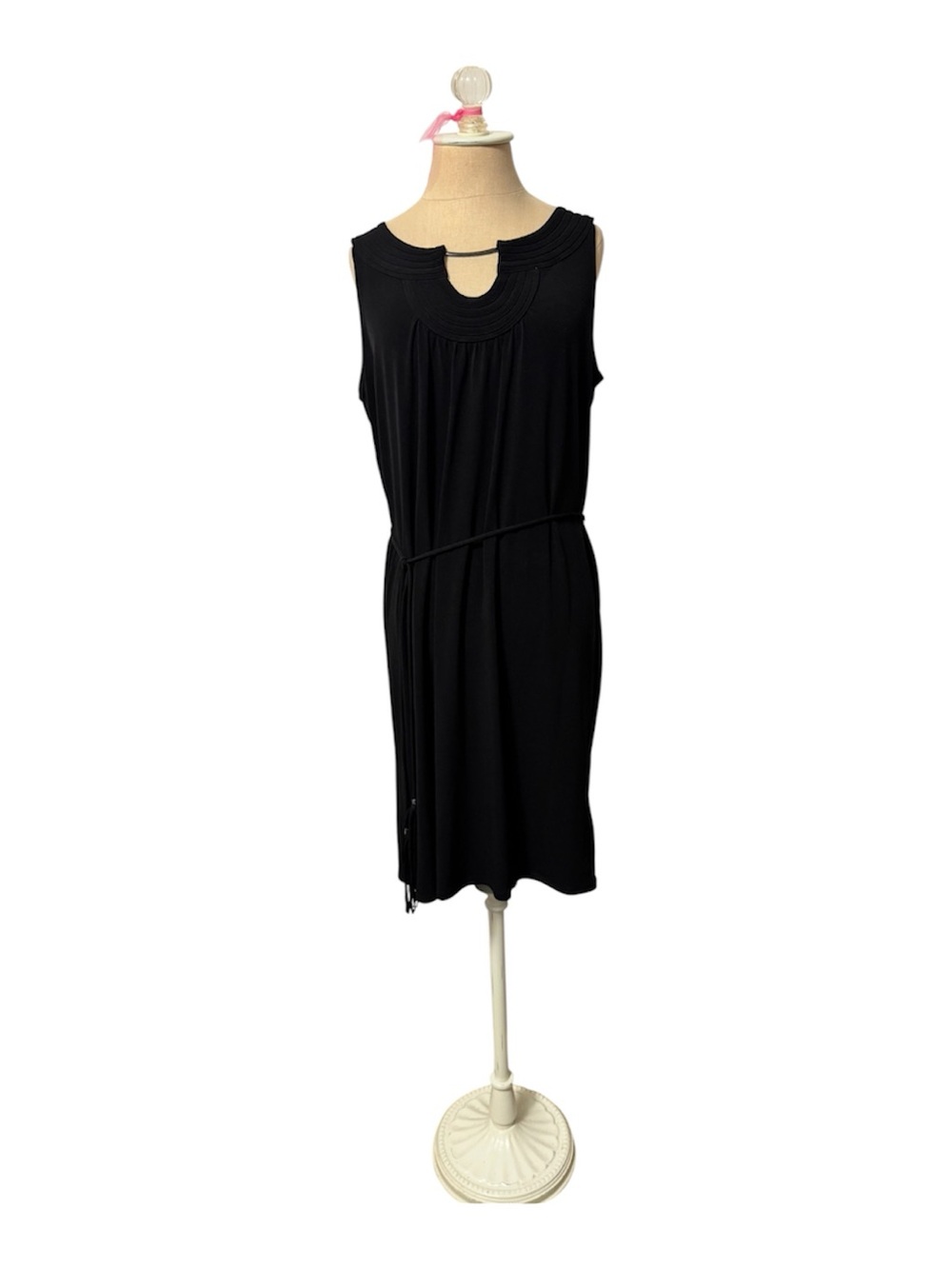 Dana Buchman Black Sleeveless Midi Dress with Fringe Tipped Waist Tie Size Med